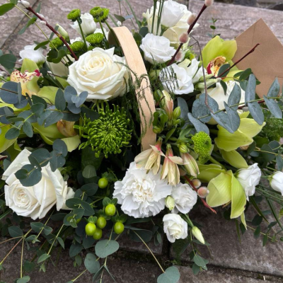 Elegant Harmony (Basket) - A serene floral basket filled with ivory roses, green cymbidium orchids, white carnations, eucalyptus and seasonal greens. A timeless tribute of elegance and peace.